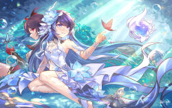  2girls armpits artist_name asiya_(joey26504) bare_legs bare_shoulders black_hair blue_butterfly blue_eyes blue_hair breasts bubble bug butterfly chinese_commentary cleavage clothing_cutout colored_inner_hair commentary_request dress feet_out_of_frame forest gloves hair_between_eyes highres honkai_(series) honkai_impact_3rd long_hair lying medium_breasts multicolored_hair multiple_girls nature navel navel_cutout red_butterfly red_eyes red_gloves seele_(alter_ego) seele_vollerei seele_vollerei_(herrscher_of_rebirth) seele_vollerei_(starchasm_nyx) white_dress 