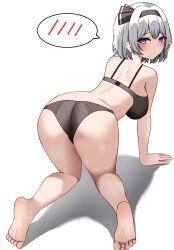  absurdres all_fours ass black_hairband black_panties blue_eyes blush breasts feet female hairband highres kiui_(dagk8254) konpaku_youmu looking_at_viewer panties simple_background solo spoken_blush touhou underwear white_background white_hair 