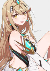  :d bare_shoulders blonde_hair blush breasts butt_crack cleavage commentary earrings female grey_background highres jewelry knee_up large_breasts long_hair looking_at_viewer mythra_(xenoblade) open_mouth peach11_01 simple_background sitting smile solo thighs very_long_hair xenoblade_chronicles_(series) xenoblade_chronicles_3 yellow_eyes 