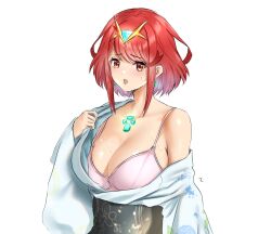  alternate_costume aqua_gemstone arm_at_side black_sash blush bob_cut bra breasts chest_jewel cleavage collarbone core_crystal_(xenoblade) earrings female floating_earring gem hand_up highres japanese_clothes jewelry kimono large_breasts mitsugu open_mouth pink_bra pulling_own_clothes pyra_(xenoblade) raised_eyebrows red_eyes red_hair red_shorts sash short_hair shorts solo steaming_body sweat sweatdrop swept_bangs tiara underwear upper_body white_kimono xenoblade_chronicles_(series) xenoblade_chronicles_2 