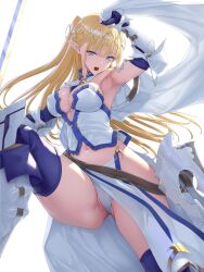  absurdres arm_up armpits blonde_hair blue_eyes blue_gloves blue_thighhighs breasts cape elf female from_below gauntlets gloves hazurewaku_no_joutai_ijou_skill_de_saikyou_ni_natta_ore_ga_subete_wo_juurin_suru_made highres holding holding_cape holding_sword holding_unworn_clothes holding_weapon kawanakajima large_breasts leg_up long_hair navel open_mouth panties pointy_ears seras_ashrain shirt skirt solo stomach strapless strapless_shirt sword teeth thighhighs underwear upper_teeth_only vambraces weapon white_background white_cape white_panties white_shirt white_skirt 