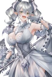  breasts cleavage cowboy_shot demon_girl demon_horns demon_wings dress duel_monster female gloves green_eyes holding holding_polearm holding_weapon horns large_breasts leotard leotard_under_clothes looking_at_viewer lovely_labrynth_of_the_silver_castle low_wings oerba_yun_fang ojou-sama_pose pointy_ears polearm smile snm_(sunimi) solo twintails weapon white_background white_hair white_horns wings yu-gi-oh! 