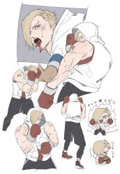  alternate_costume arms_up asymmetrical_hair barcode barcode_tattoo bare_shoulders black_shorts blonde_hair blood blood_from_mouth blood_on_face blue_eyes boxing_gloves bruise bruise_on_face burger commentary cropped_legs crying ed_(street_fighter) food gloves hair_over_one_eye highres holding holding_burger holding_food hood hood_up hoodie injury layered_clothes mameo_kun multiple_views official_alternate_costume one_eye_covered open_mouth partially_unzipped red_gloves red_shirt shirt shorts shoulder_tattoo single_tear sleeveless sleeveless_hoodie street_fighter street_fighter_6 tattoo teeth tongue tongue_out undershirt upper_teeth_only white_hoodie 