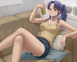  absurdres bare_arms beer_can blue_hair breasts can cleavage closed_mouth commentary crossed_legs cutoffs dark_blue_hair denim denim_shorts drink_can feet_out_of_frame female highres indoors katsuragi_misato legs looking_at_viewer lying medium_breasts neon_genesis_evangelion on_back orange_eyes pillow ponytail short_shorts shorts sidelocks smile solo tank_top thighs yebisu yj_(yojo_san) 