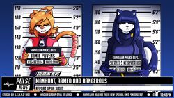  16:9 anthro bandage bandaged_tail blackspoiler blue_clothing blue_hair bottomwear claws clothing dipstick_tail duo english_text felid feline female finger_claws gloves hacker hair handwear hi_res holding_object holding_sign jump_(blackbolt) looking_away male mammal markings mugshot mugshotfront_view news news_report orange_hair pink_nose police red_eyes shoot_(blackbolt) shorts sign tail tail_markings text white_tail_tip widescreen yellow_eyes zipper 