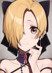  absurdres asymmetrical_bangs blonde_hair bow collarbone detached_collar female finger_to_cheek garuku1120 gem hair_over_one_eye hairbow highres idol idolmaster idolmaster_cinderella_girls looking_at_viewer off_shoulder one_eye_covered portrait shirasaka_koume simple_background solo white_background 