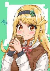  absurdres alternate_costume aotsuba blonde_hair blush brown_vest casual collared_shirt contemporary croquette earrings female food green_background hairband highres jewelry long_hair looking_at_viewer mythra_(xenoblade) neck_ribbon no_gloves red_ribbon ribbon shirt smile solo swept_bangs upper_body vest white_background white_shirt xenoblade_chronicles_(series) xenoblade_chronicles_2 yellow_eyes 