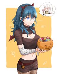  2girls bandaged_arm bandages black_shorts blue_eyes blue_hair breasts byleth_(female)_(fire_emblem) byleth_(fire_emblem) candy cleavage closed_mouth commentary fake_horns fire_emblem fire_emblem:_three_houses food holding horns long_hair lysithea_von_ordelia multiple_girls pantyhose pink_eyes robaco shorts simple_background solo_focus translated white_hair 