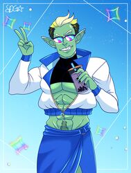  abs absurd_res clothed clothing crop_top cropped_jacket drawfee_(copyright) drawtectives fully_clothed gyorik_rogdul hi_res humanoid humanoid_pointy_ears male muscular muscular_humanoid muscular_male not_furry orc shirt solo stardustghoul topwear underbite 