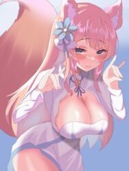  absurdres animal_ear_fluff animal_ears blue_background blue_eyes blue_flower breasts cleavage_cutout clothing_cutout female flower fox_ears fox_girl fox_shadow_puppet fox_tail hair_flower hair_ornament highres hizuki_rurufu large_breasts long_hair long_sleeves looking_at_viewer parted_lips pink_tail snack_nili solo tail tail_raised very_long_hair virtual_youtuber yuzi124 