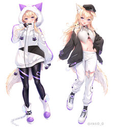  animal_ear_fluff animal_ears animal_on_shoulder black_choker black_headwear black_jacket black_pants blonde_hair blush chains choker commentary_request crop_top female fox_ears fox_tail full_body fur-trimmed_hood fur_trim guild_cq hair_between_eyes hair_ornament hand_on_own_hip highres hood itsuki_jun jacket long_hair matori_kakeru multiple_views navel official_art open_clothes open_jacket open_mouth pants purple_eyes smile tail virtual_youtuber white_footwear white_jacket white_pants x_hair_ornament 