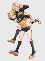  1boy bandaid bandaid_on_face bandaid_on_knee bandaid_on_leg bandaid_on_nose blonde_hair blue_eyes brother_and_sister buruma carrying commentary female full_body hair_ornament hairclip highres jacket kagamine_len kagamine_rin kneehighs nail_polish one_eye_closed piggyback project_diva_(series) shoes short_hair siblings simple_background smile socks stylish_energy_(module) track_jacket tsuyuki_(oudan_chitsujo_xxx) twins vocaloid white_background 