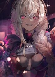  betabeet black_bodysuit black_hoodie black_nails blonde_hair bodysuit braid cropped_hoodie fangs female hair_ornament hairclip holding holding_stylus hood hoodie indie_virtual_youtuber long_hair looking_at_viewer open_mouth pink_eyes portrait saruei_(vtuber) saruei_(vtuber)_(1st_costume) smile solo stylus twin_braids upper_body v-shaped_eyebrows virtual_youtuber 