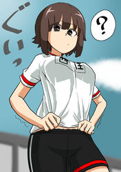  ? absurdres blurry blurry_background breasts brown_eyes brown_hair character_name closed_mouth commentary female girls_und_panzer gym_shirt gym_shorts gym_uniform highres light_frown looking_at_viewer medium_breasts midriff_peek name_tag natsume_mina nishizumi_maho shirt short_hair short_sleeves shorts single_horizontal_stripe single_vertical_stripe solo spoken_question_mark standing struggling translated white_shirt 