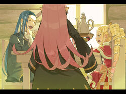  1boy 2girls :d beatrice_(re:zero) blonde_hair blue_eyes blue_hair blush bow capelet chair closed_eyes commentary_request crown dress drill_hair frills fur-trimmed_capelet fur_trim hair_ribbon holding holding_tray indoors letterboxed lewes_meyer long_hair long_sleeves mini_crown multiple_girls open_mouth orange_bow parupin pink_hair pink_ribbon pointy_ears re:zero_kara_hajimeru_isekai_seikatsu red_capelet ribbon roswaal_a._mathers sidelocks sitting smile table teapot teeth tongue tray twin_drills twintails upper_teeth_only window wristband 