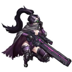  android artist_request black_gloves black_hair breasts center_opening cloak colored_tips covered_mouth detached_sleeves female full_body girls&#039;_frontline gloves grey_cloak gun head-mounted_display holding holding_gun holding_weapon jaeger_(girls&#039;_frontline) large_breasts leg_armor leotard long_hair mechanical_legs multicolored_hair official_art on_one_knee ponytail purple_cloak purple_footwear purple_hair purple_leotard purple_sleeves rifle sangvis_ferri science_fiction scope simple_background solo squatting third-party_source transparent_background two-tone_cloak weapon 