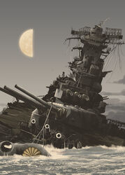  aircraft_catapult anti-aircraft_gun battle_of_leyte_gulf battleship cannon commentary grey_sky half_moon imperial_japanese_navy kikumon matsuda_juukou military military_vehicle moon musashi_(battleship) no_humans ocean original outdoors railing range_finder ship sinking sky turret type_93_hmg vehicle_focus warship watercraft waves world_war_ii 