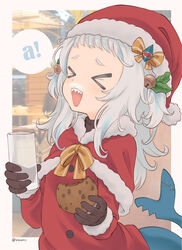  &gt;_&lt; :d a_(phrase) alternate_costume bell black_gloves blunt_bangs buttons capelet chocolate_chip_cookie closed_eyes commentary cookie cup drinking_glass english_commentary female fins fish_tail food fur-trimmed_capelet fur-trimmed_headwear fur-trimmed_sleeves fur_collar fur_trim gawr_gura gloves grey_hair hair_bell hair_ornament hat highres holding holding_cup hololive hololive_english long_hair long_sleeves milk_mustache open_mouth red_capelet santa_costume santa_hat shark_girl shark_tail sharp_teeth smile solo speech_bubble tail teeth turtleneck twitter_username two_side_up upper_body vinhnyu virtual_youtuber xd 