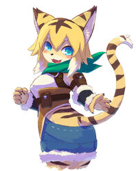  2019 5_fingers anthro big_breasts blue_eyes bottomwear breasts clothed clothing cutoffs cygames denim denim_bottomwear denim_clothing duxy123 felid female fingers fur green_scarf hair hi_res kemono looking_at_viewer mammal mia_(world_flipper) open_mouth open_smile pantherine pawpads scarf shorts simple_background smile solo tiger tongue white_background world_flipper yellow_body yellow_fur 