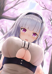  amano_kusatsu azur_lane black_hairband blunt_bangs blush breasts center_frills cherry_blossoms clothing_cutout commentary_request day dido_(azur_lane) earrings female frills from_below grey_hair hairband highres jewelry large_breasts long_hair looking_at_viewer looking_down maid outdoors pov purple_eyes shirt solo spring_(season) tree underboob underboob_cutout white_shirt 