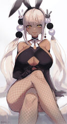  absurdres alternate_costume animal_ears artist_name bare_shoulders black_gloves black_leotard breasts choker cleavage cleavage_cutout clothing_cutout crossed_legs dark-skinned_female dark_skin elbow_gloves fake_animal_ears female fishnet_pantyhose fishnets gloves hair_ornament hairband highres hololive hololive_english large_breasts leotard light_brown_hair long_hair looking_at_viewer md5_mismatch nang_z1 no_headgear pantyhose planet_hair_ornament playboy_bunny rabbit_ears rabbit_hair_ornament ribbon ribbon_choker sitting smile solo tsukumo_sana twintails twitter_username very_long_hair virtual_youtuber white_pantyhose white_ribbon yellow_eyes 