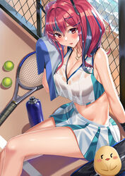  absurdres azur_lane ball bare_shoulders bottle bow breasts bremerton_(azur_lane) bremerton_(scorching-hot_training)_(azur_lane) chain-link_fence cleavage crop_top crop_top_overhang female fence grey_hair hair_between_eyes hair_ornament hairbow hairclip heart heart_necklace highres jewelry large_breasts long_hair looking_at_viewer manjuu_(azur_lane) mole mole_under_eye multicolored_hair necklace official_alternate_costume outdoors pink_hair racket see-through shirt shocho sitting sleeveless sleeveless_shirt sportswear streaked_hair tennis_ball tennis_court tennis_racket tennis_uniform towel twintails two-tone_hair two-tone_shirt two-tone_skirt water_bottle wet wet_clothes x_hair_ornament 