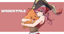  absurdres commentary_request female grin hat highres hololive houshou_marine houshou_marine_(1st_costume) hug long_hair midoku_(itijikusakura) one_eye_closed orange_eyes pirate_hat red_hair sleeveless smile solo twintails undertale upper_body virtual_youtuber vulkin 