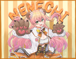  absurdres animal_ears bear_ears bear_paws blonde_hair bow bowtie breasts brown_bow brown_bowtie cleavage cleavage_cutout clothing_cutout commentary_request corset cutout_above_navel female flower frilled_shirt frills gradient_hair green_eyes hair_flower hair_ornament highres hololive jacket large_breasts long_hair midoku_(itijikusakura) momosuzu_nene momosuzu_nene_(1st_costume) multicolored_bow multicolored_bowtie multicolored_hair oerba_yun_fang open_mouth orange_bow orange_bowtie orange_shirt orange_skirt pink_hair shirt skirt smile solo striped striped_background two_side_up underbust upper_body virtual_youtuber white_jacket yellow_bow yellow_bowtie 