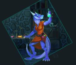  2018 4_toes absurd_res alchemist anthro armor blue_body blue_eyes blue_scales claws feet female glowing grin hi_res hiccupby holding_glass holding_object kobold laboratory leather leather_armor loskra scales sharp_teeth shimmering_spectrum smile solo teeth toes white_claws 