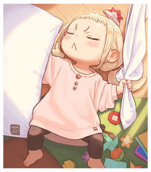  :&lt; blonde_hair closed_eyes commentary female indoors kozato_(yu_kozato) little_blonde_girl_(kozato) lolicon low_twintails lying on_back origami original oversized_clothes paper_hat paper_kabuto pillow pink_shirt ribbon-trimmed_skirt ribbon_trim shirt short_twintails sleeping twintails 