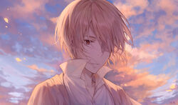  1boy ayuanlv blue_sky brown_eyes brown_hair brown_jacket cloud cloudy_sky collared_shirt commentary dress_shirt hair_over_one_eye highres jacket male_focus open_clothes open_jacket outdoors parted_lips shirt sky solo sunset upper_body white_shirt william_james_moriarty yuukoku_no_moriarty 