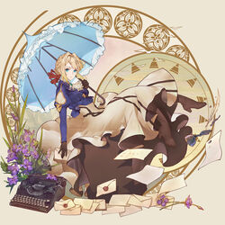  art_nouveau ascot beige_background blonde_hair blue_eyes blue_jacket blue_umbrella boots braid brooch brown_footwear brown_gloves bud chinese_commentary closed_mouth commentary_request dress envelope feathers female flower flying_paper from_side full_body gloves hair_between_eyes hair_intakes hair_ribbon high_heels highres holding holding_envelope holding_letter holding_umbrella ink inkwell iris_(flower) jacket jewelry letter long_dress long_hair long_sleeves looking_at_viewer orry paper parasol puffy_long_sleeves puffy_sleeves purple_flower quill red_ribbon ribbon simple_background solo typewriter umbrella violet_(flower) violet_evergarden violet_evergarden_(series) wax_seal white_ascot white_dress 