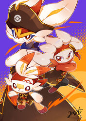  absurdres bandana bright_pupils brown_headwear cinderace cinderace_(captain) closed_mouth clothed_pokemon coat commentary_request furry hat highres minamo_(pixiv17726065) pokemon pokemon_(creature) pokemon_unite raboot red_bandana red_eyes scorbunny smile white_pupils 