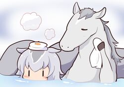  animal_ears carrot_print closed_eyes commentary creature_and_personification female food_print gomashio_(goma_feet) grey_hair holding horse horse_ears horse_girl mixed-sex_bathing multicolored_hair oguri_cap_(racehorse) oguri_cap_(umamusume) onsen shared_bathing steam towel towel_on_head two-tone_hair umamusume wiping |_| 