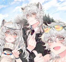  1boy 2girls animal_ears arknights asymmetrical_hair bad_id bad_twitter_id bead_necklace beads black_coat black_necktie blue_sky brother_and_sister cliffheart_(arknights) closed_mouth cloud coat commentary earrings eyewear_on_head fangs finger_heart fur-trimmed_coat fur_trim grey_eyes head_chain highres jewelry leopard_boy leopard_ears leopard_girl light_smile looking_at_viewer mad_pingu medium_hair mountain multiple_girls necklace necktie open_mouth orange-tinted_eyewear parted_lips pramanix_(arknights) shirt siblings silverash_(arknights) single_earring sisters sky smile sunglasses symbol-only_commentary thumbs_up tinted_eyewear tongue turtleneck upper_body v watch white_hair white_shirt wristwatch 