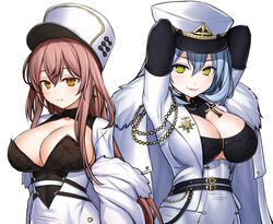  2girls arkhangelsk_(azur_lane) arms_behind_head arms_up asamura_hiori azur_lane breasts brown_hair cleavage coat coat_dress collarbone elbow_gloves fur-trimmed_coat fur_hat fur_trim gloves grey_hair hat highres large_breasts long_hair looking_at_viewer multiple_girls papakha red_eyes smile upper_body volga_(azur_lane) white_coat yellow_eyes 