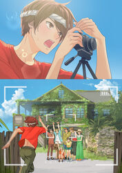  4girls 5boys :o absurdres arm_around_shoulder arm_up arms_up bad_id bad_pixiv_id black_hair blue_sky brown_eyes brown_hair brown_pants camera cloud countdown day dress food fruit green_dress green_hair grey_shirt headband highres house jacket laughing leaning_forward long_hair macaronk moss multiple_boys multiple_girls original outdoors pants pointing red_shirt running sandals shirt short_hair sign sky squatting sweat taking_picture tripod watermelon watermelon_slice white_headband yellow_shirt 