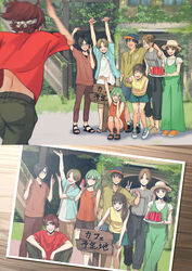  4girls 5boys :d absurdres arm_around_shoulder arm_behind_back arms_up bad_id bad_pixiv_id brown_hair brown_shirt clenched_hand dress eating food fruit green_dress hair_ornament hairclip highres holding holding_plate index_finger_raised leaning_forward macaronk multiple_boys multiple_girls open_mouth original outdoors photo_(object) plate pointing polka_dot red_shirt shirt short_hair short_sleeves shorts sign skirt smile squatting sweat v watermelon watermelon_slice yellow_shirt 