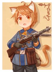  1boy absurdres ahoge androgynous animal_ear_fluff animal_ears brown_eyes brown_hair cat_ears cat_tail commentary gun highres holding holding_gun holding_weapon looking_at_viewer male_focus military military_uniform oerba_yun_fang original short_hair simple_background skin_fang solo submachine_gun suzushiro_(gripen39) tail uniform weapon 