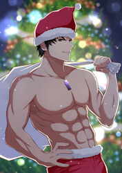  1boy :d abs black_eyes black_hair blurry blurry_background bobblehat carrying_over_shoulder chest_jewel christmas_tree collarbone cowboy_shot depth_of_field fur-trimmed_headwear fur-trimmed_pants fur_trim grin hand_on_own_hip hat highres looking_at_viewer male_focus malos_(xenoblade) mebi_il no_nipples open_mouth pants pectorals red_hat red_pants sack santa_hat short_hair smile solo spoilers teeth topless_male upper_body v-shaped_eyebrows xenoblade_chronicles_(series) xenoblade_chronicles_2 