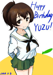  absurdres arms_behind_back birthday black_neckerchief black_ribbon blouse brown_eyes brown_hair character_name closed_mouth commentary cowboy_shot dated english_text female food fruit girls_und_panzer green_skirt hair_ribbon happy_birthday highres koyama_yuzu long_sleeves looking_at_viewer medium_hair miniskirt neckerchief ooarai_school_uniform oritako pleated_skirt ribbon sailor_collar school_uniform serafuku shirt short_ponytail skirt smile solo standing white_background white_sailor_collar white_shirt yuzu_(fruit) 