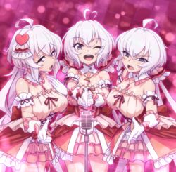  3girls ahoge breasts cleavage covered_nipples detached_collar detached_sleeves finger_gun gloves hair_ornament heart heart_ahoge heart_hair_ornament long_hair low_twintails medium_breasts microphone multiple_girls multiple_persona music one_eye_closed purple_eyes senki_zesshou_symphogear senki_zesshou_symphogear_xd_unlimited singing twintails uganda_(ugandam_00) white_gloves yukine_chris yukine_chris_(another) yukine_christina 