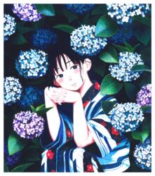  absurdres black_eyes black_hair blue_eyes blue_flower blush border bright_pupils colored_pencil_(medium) commentary_request elbow_rest female floral_background floral_print flower fuyuno_kamome hands_up head_rest head_tilt highres hydrangea interlocked_fingers japanese_clothes kimono leaf looking_at_viewer original own_hands_together parted_lips plant purple_flower short_sleeves solo striped_clothes striped_kimono traditional_media white_border white_pupils yagasuri 