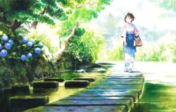  bag black_hair bush colored_pencil_(medium) commentary_request female flower full_body fuyuno_kamome handbag highres hydrangea japanese_clothes kimono moss original outdoors sandals scenery short_hair solo tabi traditional_media tree water zouri 