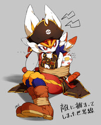  absurdres boots bright_pupils brown_footwear brown_headwear cinderace cinderace_(captain) clothed_pokemon commentary_request furry grey_background hat highres minamo_(pixiv17726065) open_mouth pokemon pokemon_(creature) pokemon_unite raboot red_eyes restrained rope scorbunny sitting tongue tongue_out translation_request white_pupils 