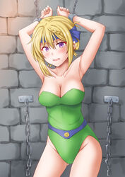  anti_(untea9) blonde_hair bound bound_arms bound_wrists braid braided_bangs braided_bun breasts celes_chere celes_chere_(cosplay) chain_leash chains commission cosplay cowboy_shot female final_fantasy final_fantasy_vi green_leotard hair_bun highres kantai_collection leash leotard long_hair medium_breasts perspective perth_(kancolle) pixiv_commission purple_eyes restrained solo sweatdrop tears 