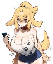  animal_collar animal_ears blonde_hair blue_eyes bone_hair_ornament borrowed_character breasts cardigan cardigan_pull cellphone cleavage collar dog_ears dog_girl dog_tail female glasses hair_between_eyes hair_ornament high_ponytail highres large_breasts open_cardigan open_clothes original paw_print paw_print_pattern phone short_eyebrows short_hair short_shorts shorts solo tail tail_wagging tank_top terupancake twitter_username white_background white_tank_top 