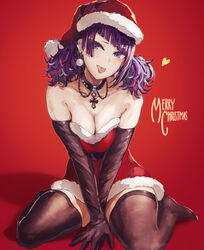  arm_support bad_id bad_pixiv_id bare_shoulders between_legs black_gloves black_thighhighs blush breasts breasts_squeezed_together chains choker christmas cleavage cross cross_choker diagonal_bangs dress earrings elbow_gloves female gloves hand_between_legs hat highres idolmaster idolmaster_shiny_colors jewelry looking_at_viewer medium_breasts medium_hair minyom multicolored_hair no_shoes purple_eyes purple_hair red_background santa_costume santa_dress santa_hat shadow short_twintails sitting solo strapless strapless_dress streaked_hair stud_earrings tanaka_mamimi thighhighs tongue tongue_out twintails wariza 