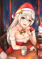  absurdres breasts detached_collar dress female fur-trimmed_gloves fur-trimmed_headwear fur_trim girls&#039;_frontline gloves grey_eyes grey_hair hair_between_eyes hair_ornament hairclip hat highres indoors jewelry long_hair medium_breasts muteppona_hito official_alternate_costume red_dress red_gloves red_hat ring santa_dress santa_hat sitting solo svd_(girls&#039;_frontline) svd_(winter_fairy)_(girls&#039;_frontline) wedding_ring 