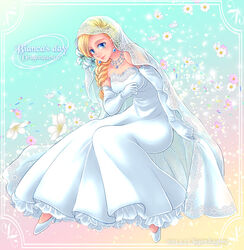  bare_shoulders bianca_(dq5) blonde_hair blue_eyes blush braid breasts bridal_veil bride cape copyright_name dated defense_zero dragon_quest dragon_quest_v dress earrings elbow_gloves female flower gloves hair_flower hair_ornament hair_over_shoulder jewelry long_hair single_braid smile solo veil wedding_dress white_dress white_gloves 